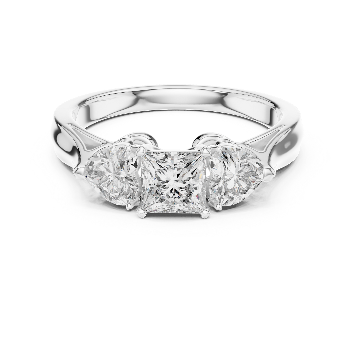 Luxury Gold Three Stone Ring | Princess-Cut Diamond with Heart Side Stones