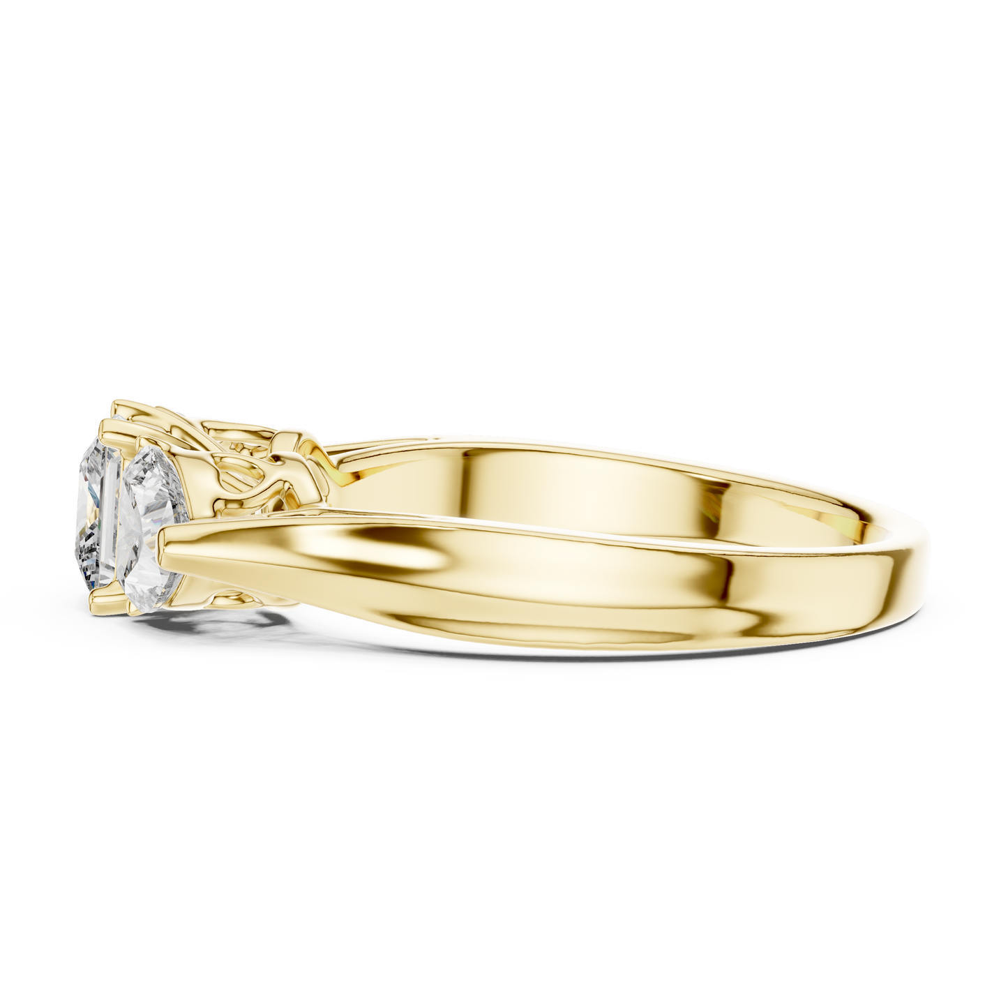 Luxury Gold Three Stone Ring | Princess-Cut Diamond with Heart Side Stones