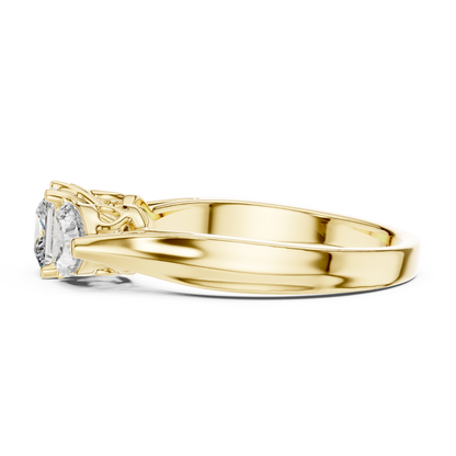 Luxury Gold Three Stone Ring | Princess-Cut Diamond with Heart Side Stones