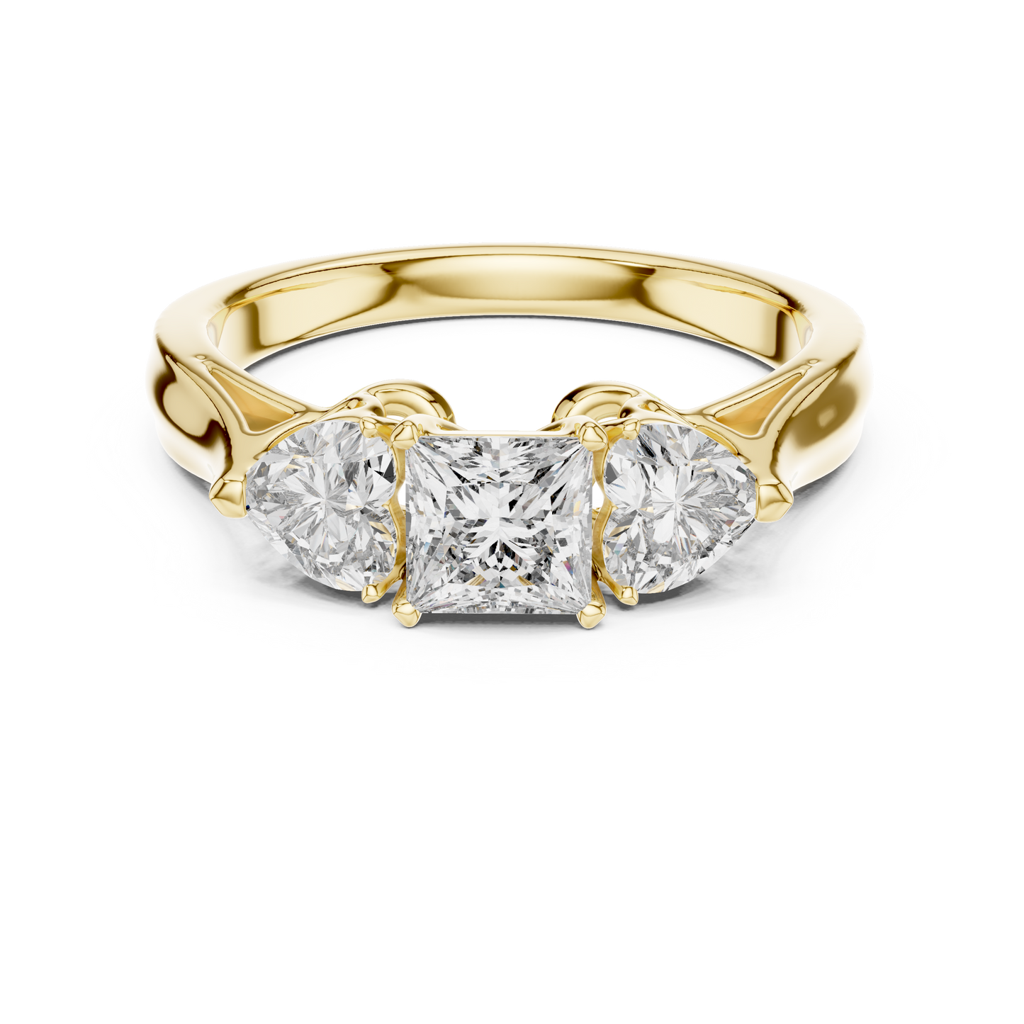Luxury Gold Three Stone Ring | Princess-Cut Diamond with Heart Side Stones