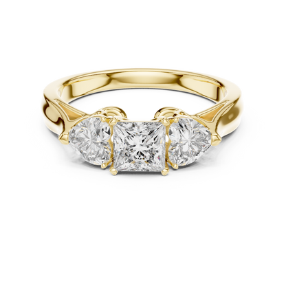 Luxury Gold Three Stone Ring | Princess-Cut Diamond with Heart Side Stones