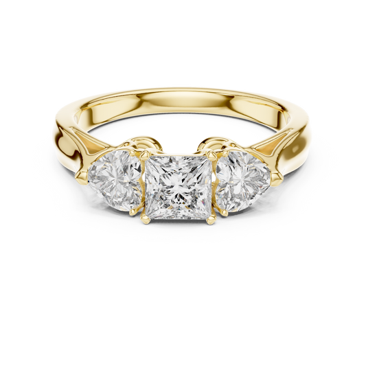 Luxury Gold Three Stone Ring | Princess-Cut Diamond with Heart Side Stones