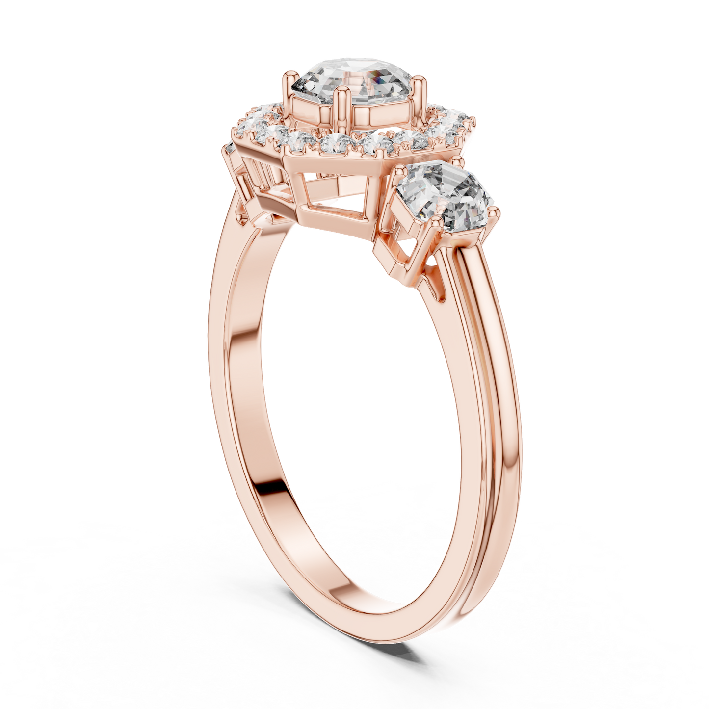Three Stone Round Cut Diamond Halo Ring in 14K Yellow Gold