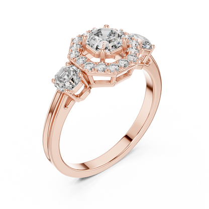 Three Stone Round Cut Diamond Halo Ring in 14K Yellow Gold