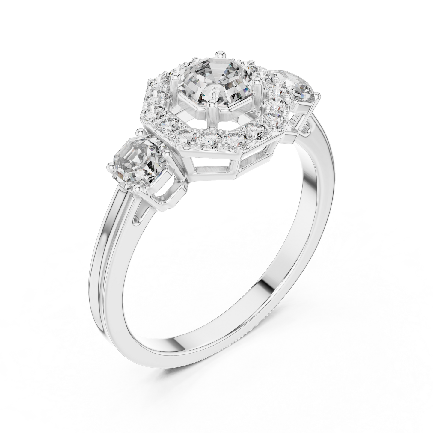 Three Stone Round Cut Diamond Halo Ring in 14K Yellow Gold