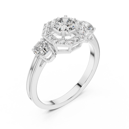 Three Stone Round Cut Diamond Halo Ring in 14K Yellow Gold