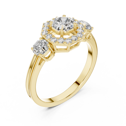 Three Stone Round Cut Diamond Halo Ring in 14K Yellow Gold