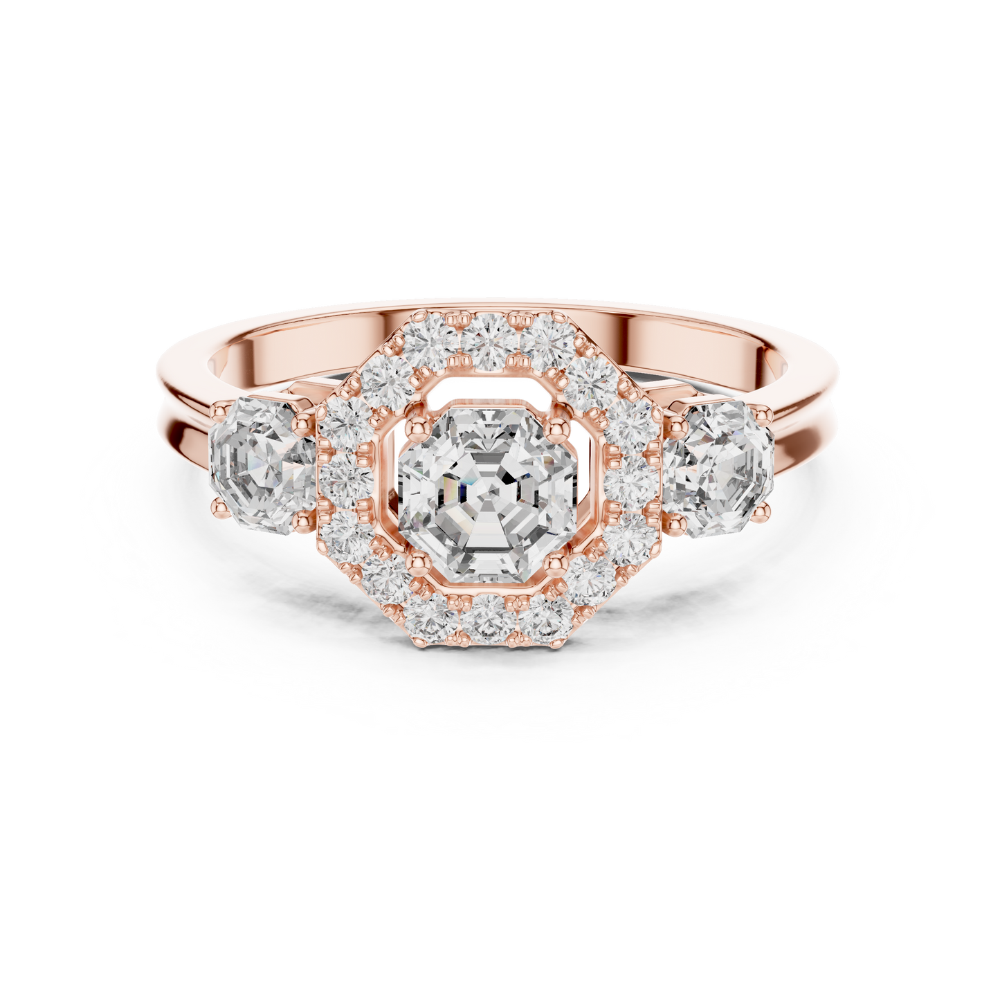 Three Stone Round Cut Diamond Halo Ring in 14K Yellow Gold