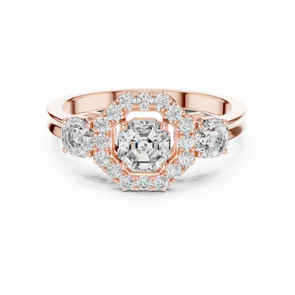 Three Stone Round Cut Diamond Halo Ring in 14K Yellow Gold