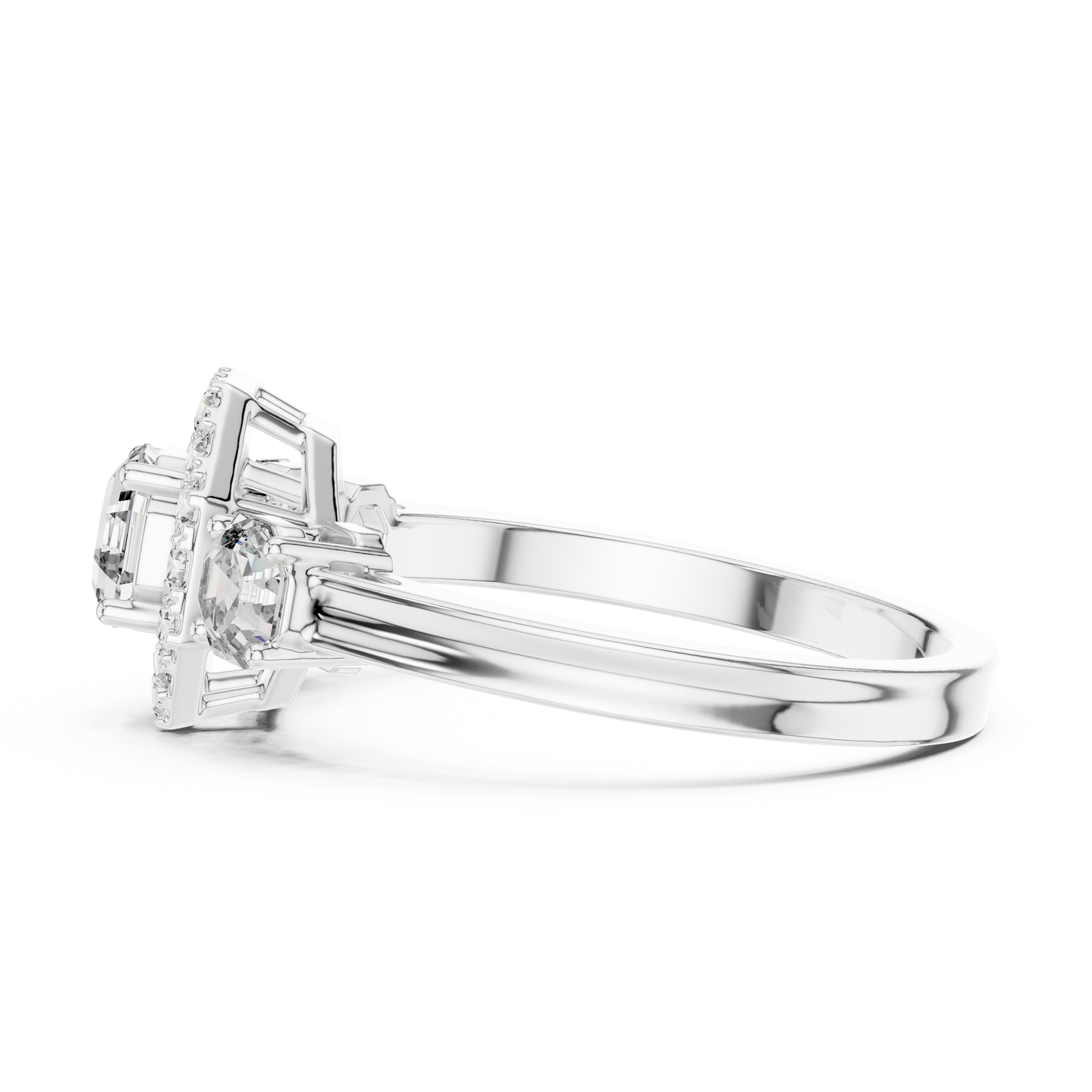 Three Stone Round Cut Diamond Halo Ring in 14K Yellow Gold