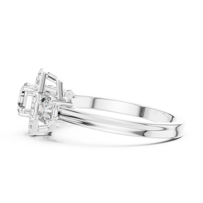 Three Stone Round Cut Diamond Halo Ring in 14K Yellow Gold