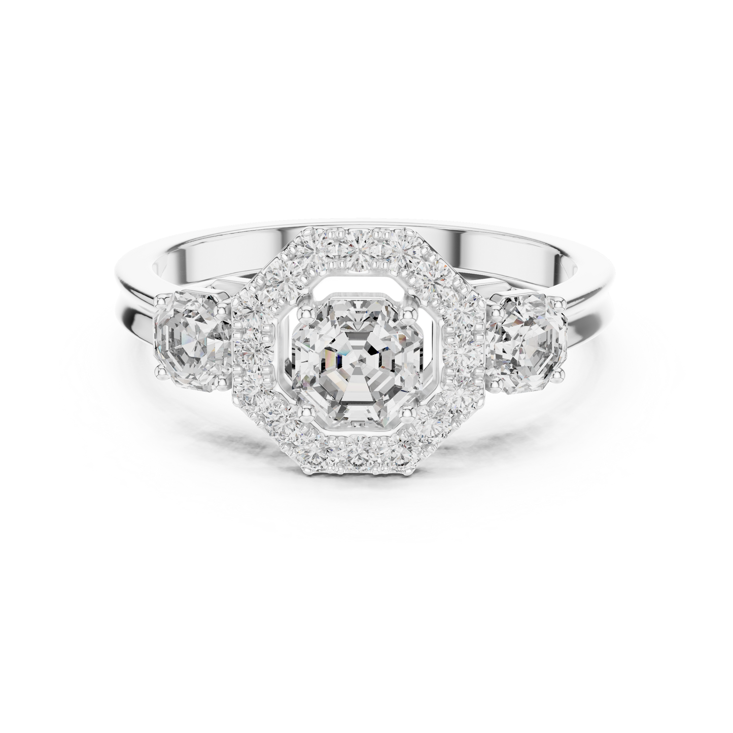 Three Stone Round Cut Diamond Halo Ring in 14K Yellow Gold