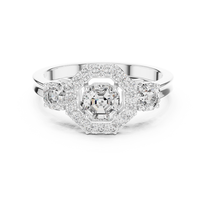 Three Stone Round Cut Diamond Halo Ring in 14K Yellow Gold