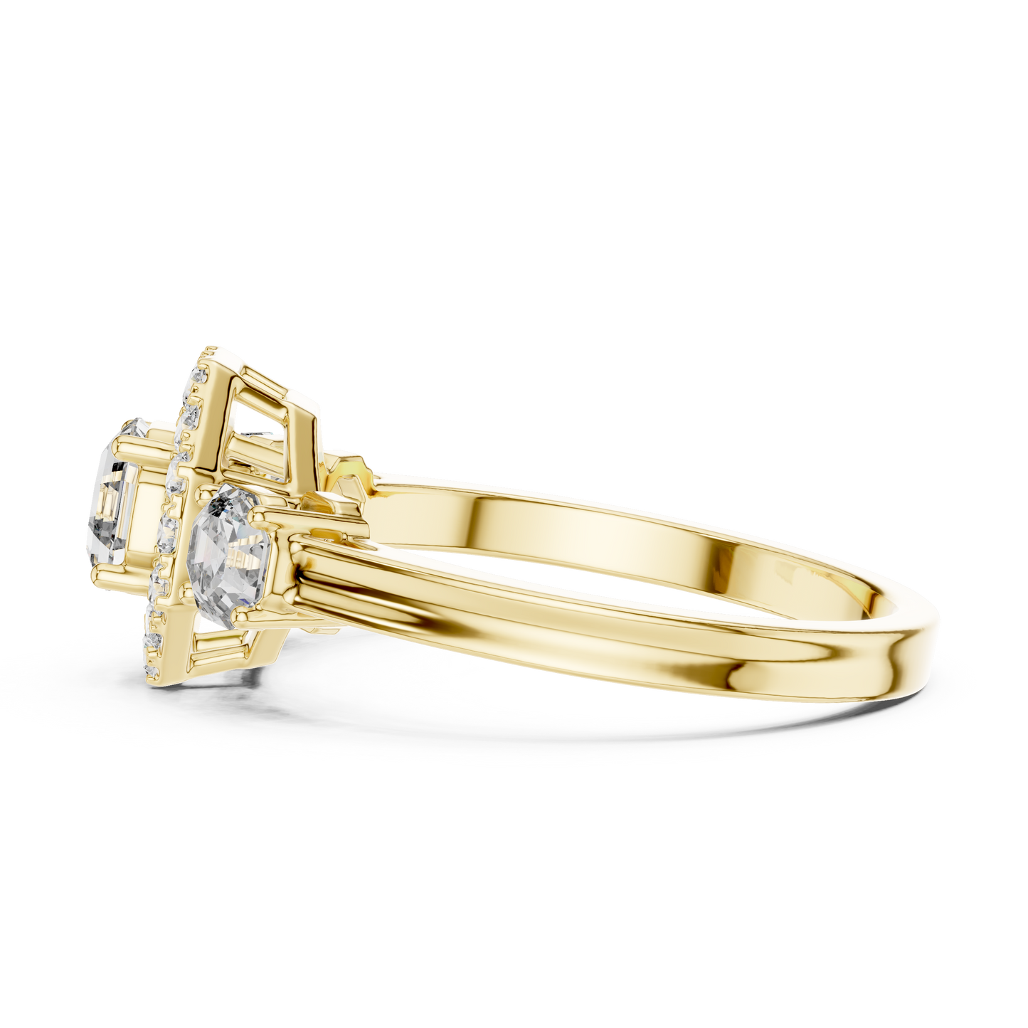 Three Stone Round Cut Diamond Halo Ring in 14K Yellow Gold
