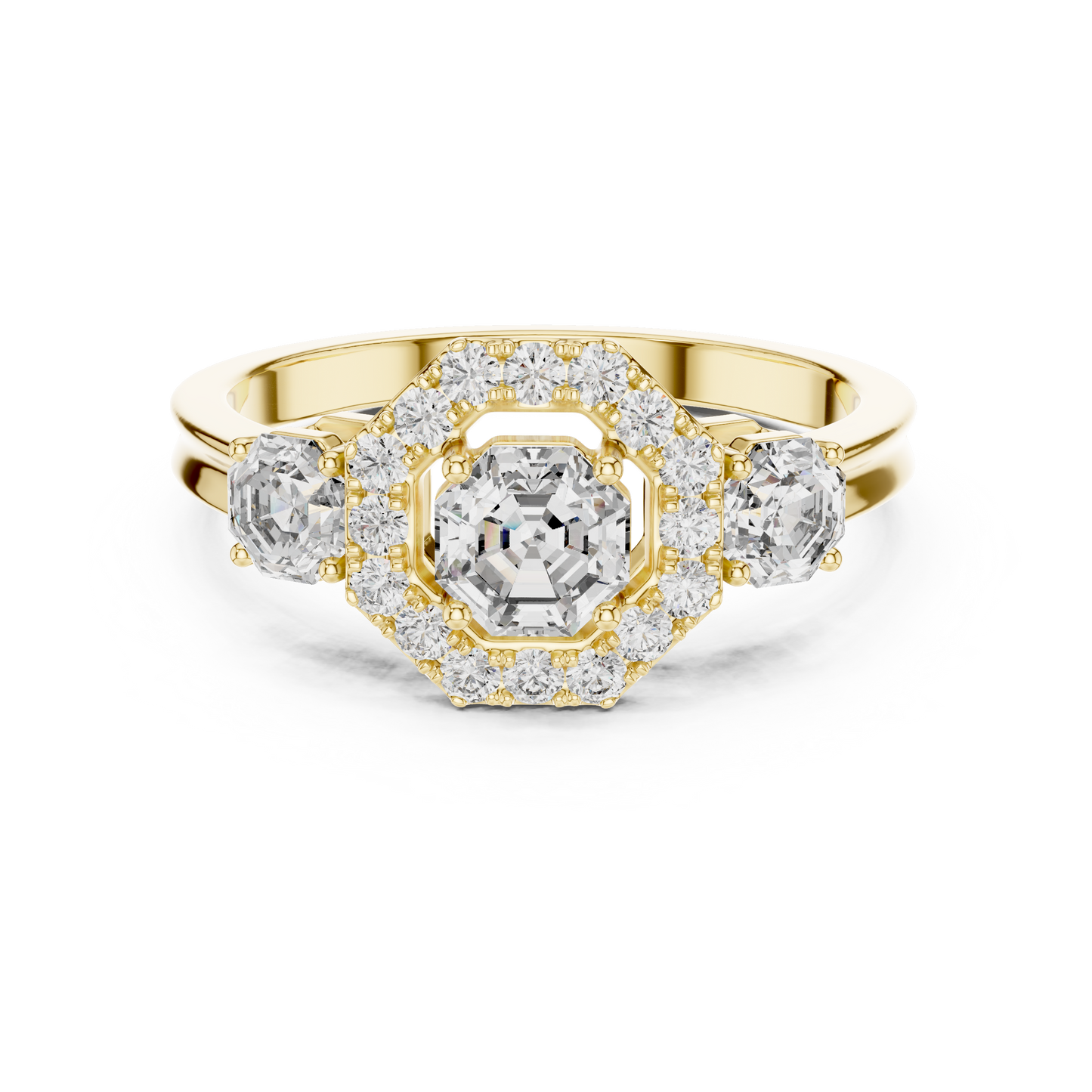 Three Stone Round Cut Diamond Halo Ring in 14K Yellow Gold