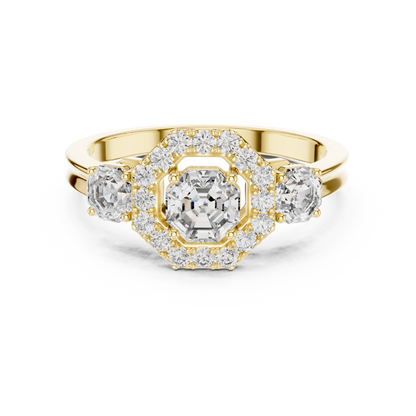 Three Stone Round Cut Diamond Halo Ring in 14K Yellow Gold