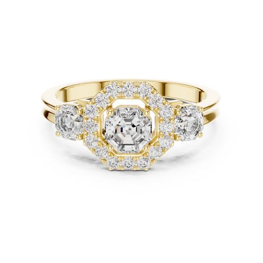 Three Stone Round Cut Diamond Halo Ring in 14K Yellow Gold