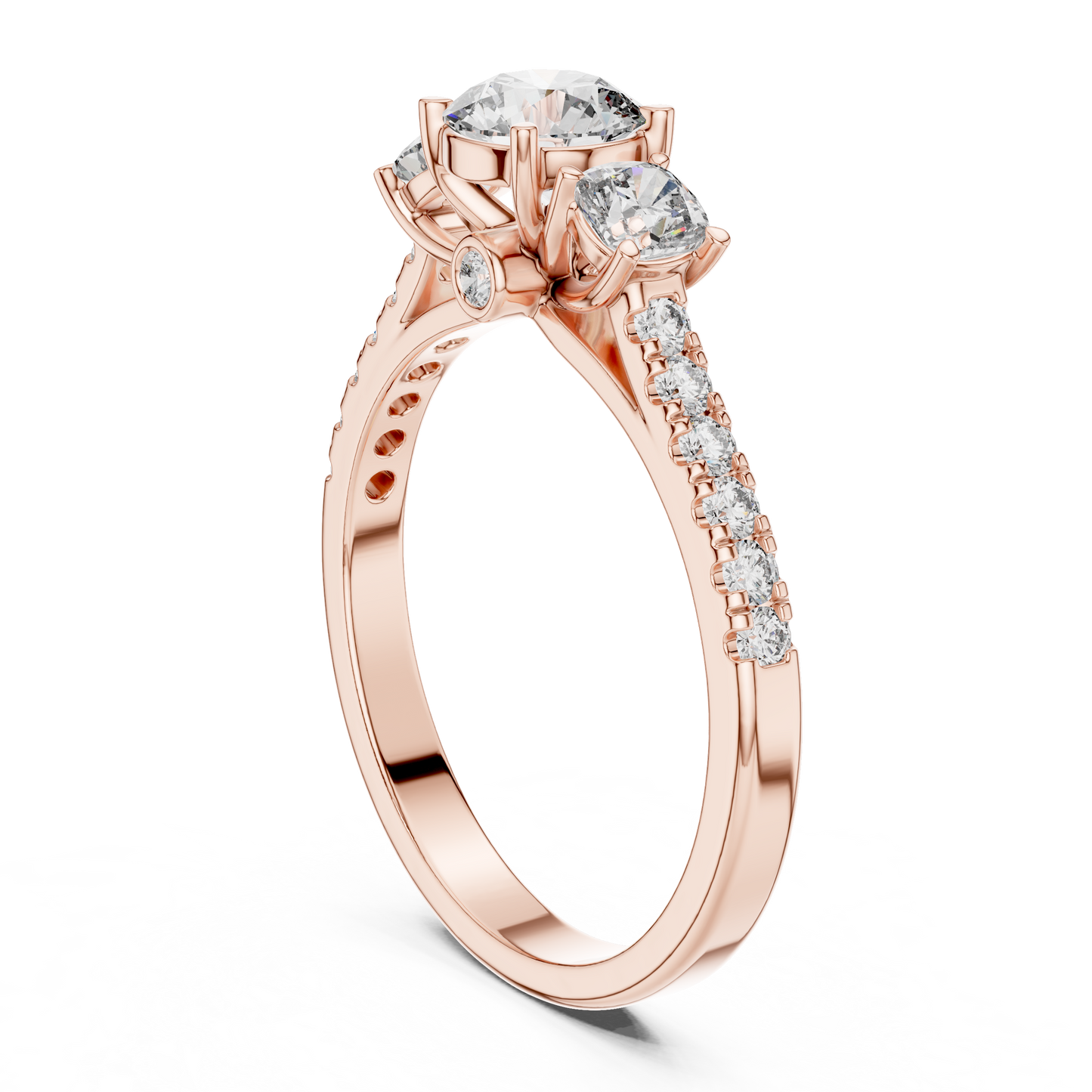 Three Stone Round Brilliant Diamond Ring with Pavé Band in 14K White Gold