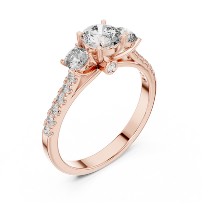 Three Stone Round Brilliant Diamond Ring with Pavé Band in 14K White Gold