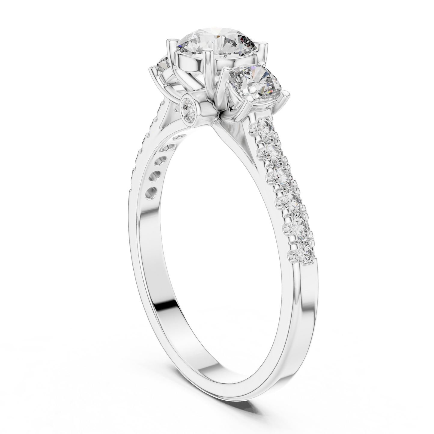 Three Stone Round Brilliant Diamond Ring with Pavé Band in 14K White Gold