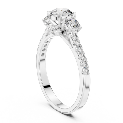Three Stone Round Brilliant Diamond Ring with Pavé Band in 14K White Gold