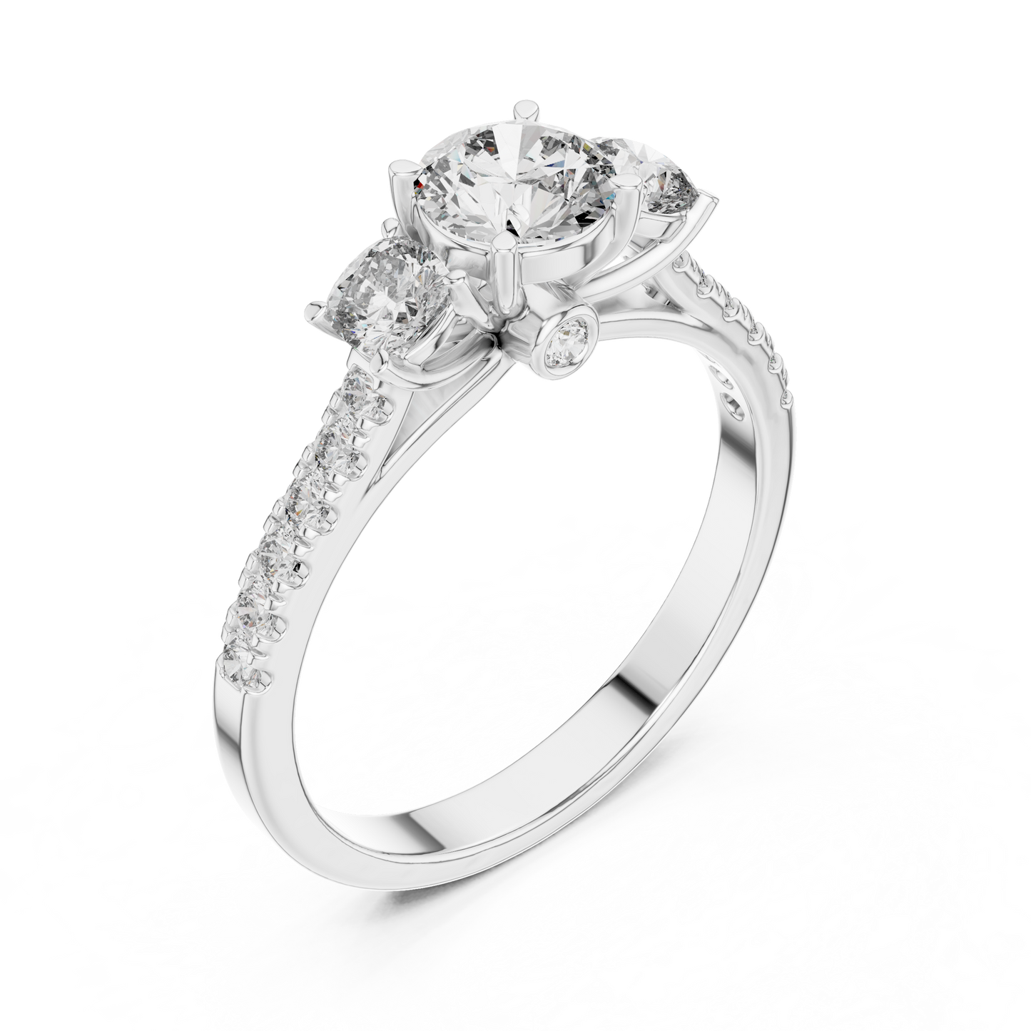 Three Stone Round Brilliant Diamond Ring with Pavé Band in 14K White Gold