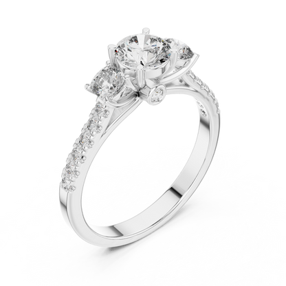 Three Stone Round Brilliant Diamond Ring with Pavé Band in 14K White Gold