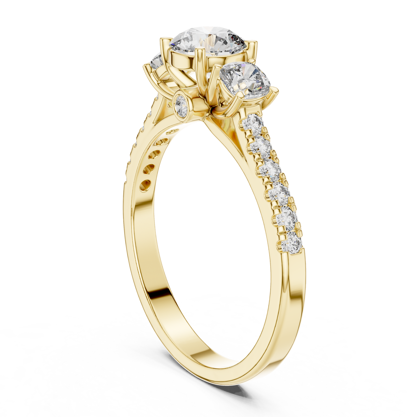 Three Stone Round Brilliant Diamond Ring with Pavé Band in 14K White Gold