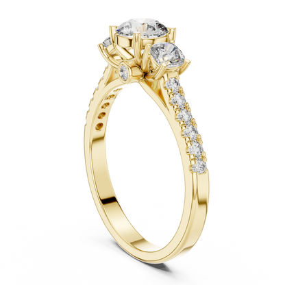 Three Stone Round Brilliant Diamond Ring with Pavé Band in 14K White Gold