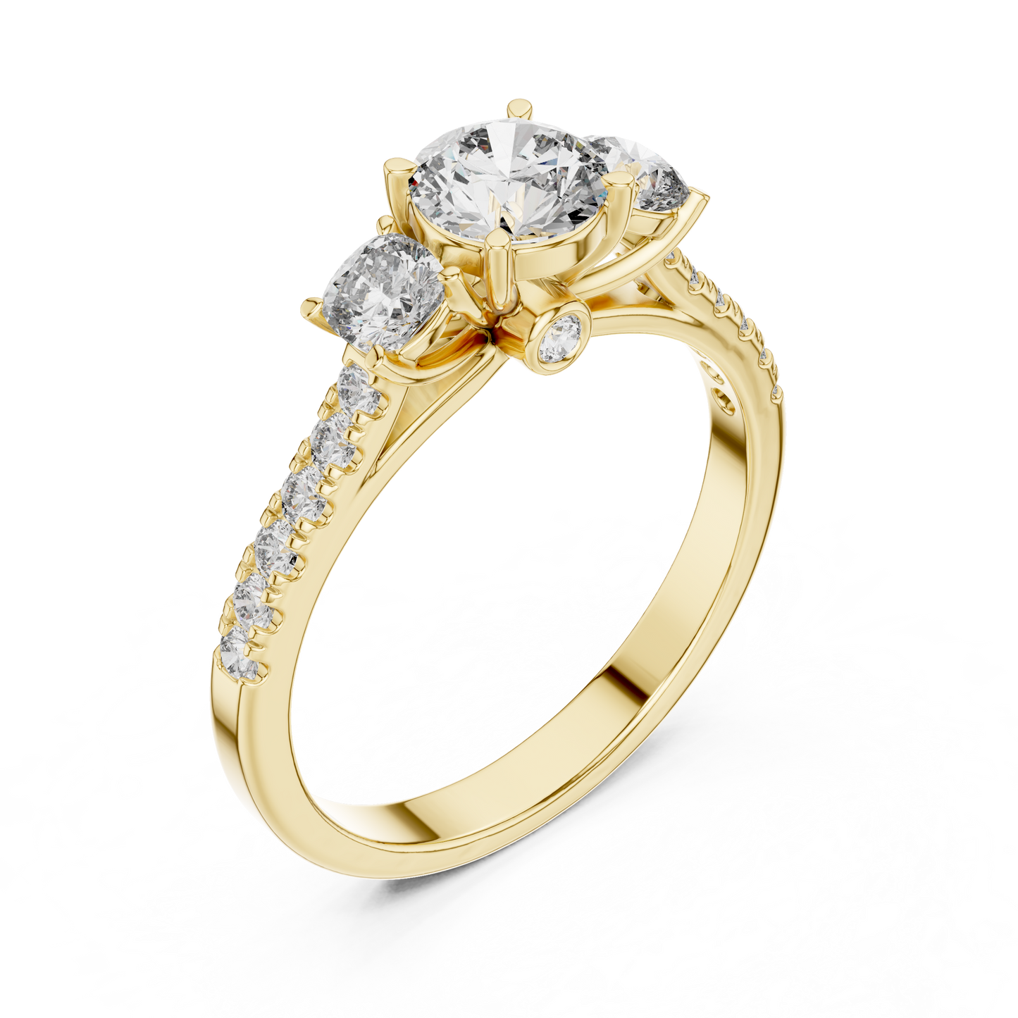 Three Stone Round Brilliant Diamond Ring with Pavé Band in 14K White Gold