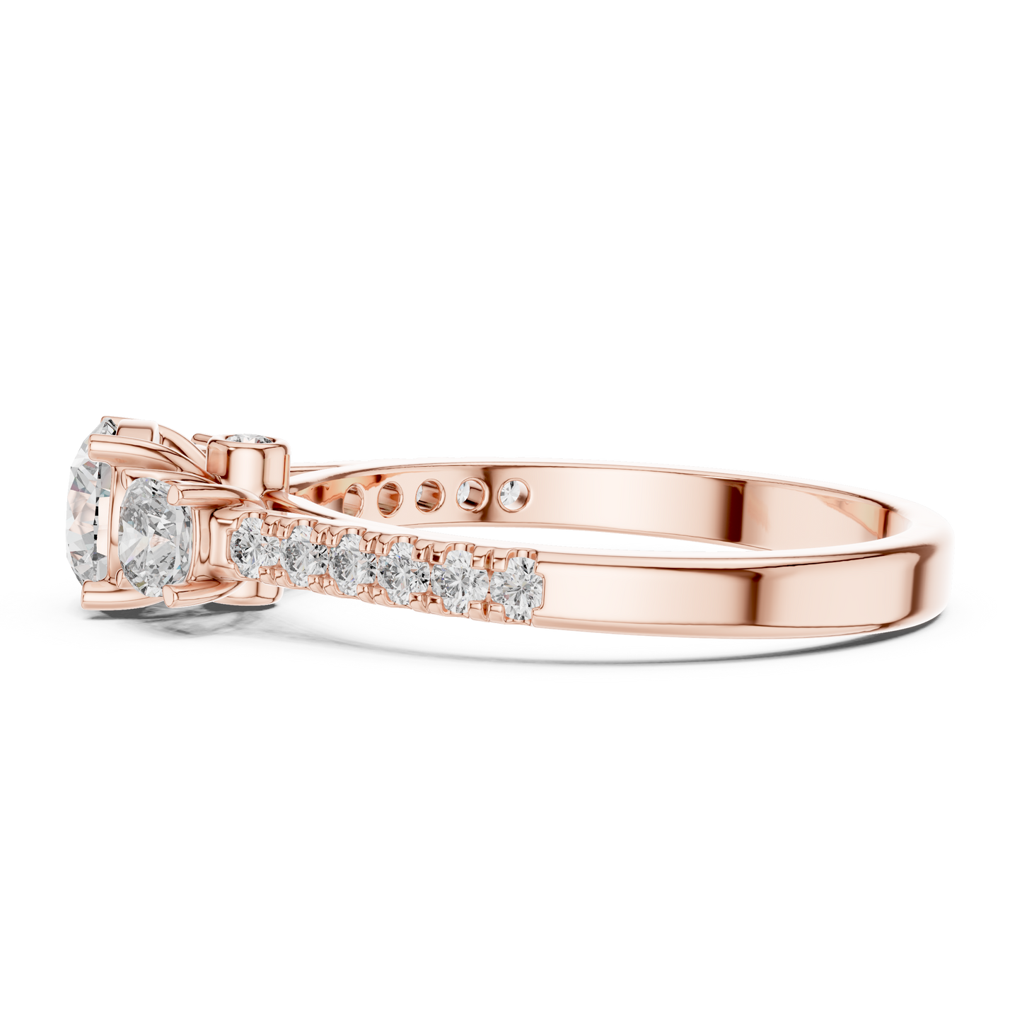 Three Stone Round Brilliant Diamond Ring with Pavé Band in 14K White Gold