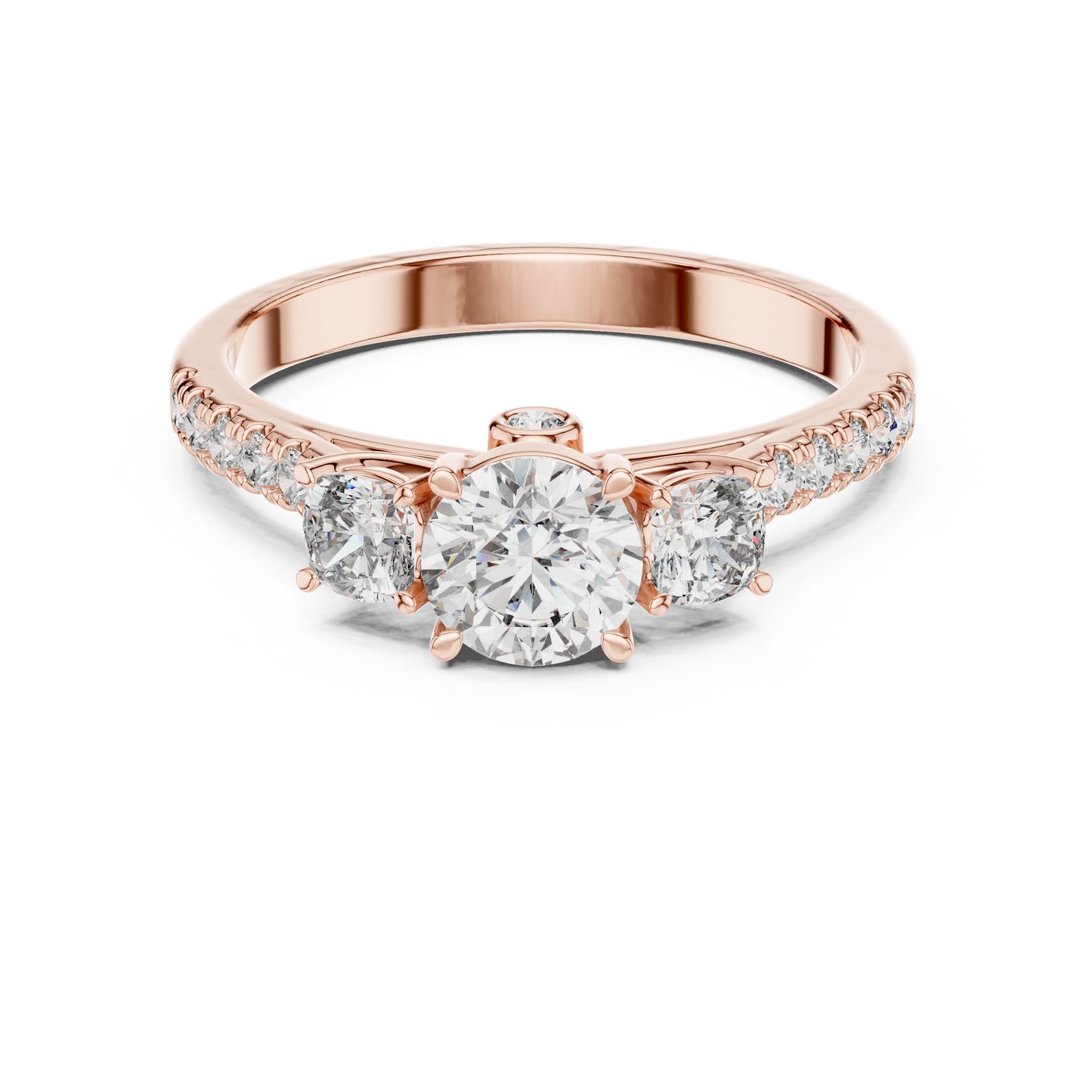 Three Stone Round Brilliant Diamond Ring with Pavé Band in 14K White Gold