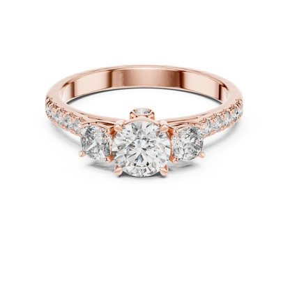 Three Stone Round Brilliant Diamond Ring with Pavé Band in 14K White Gold
