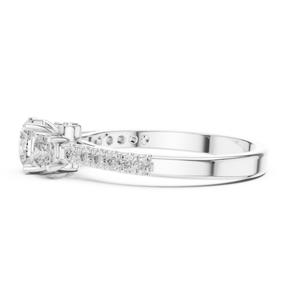 Three Stone Round Brilliant Diamond Ring with Pavé Band in 14K White Gold