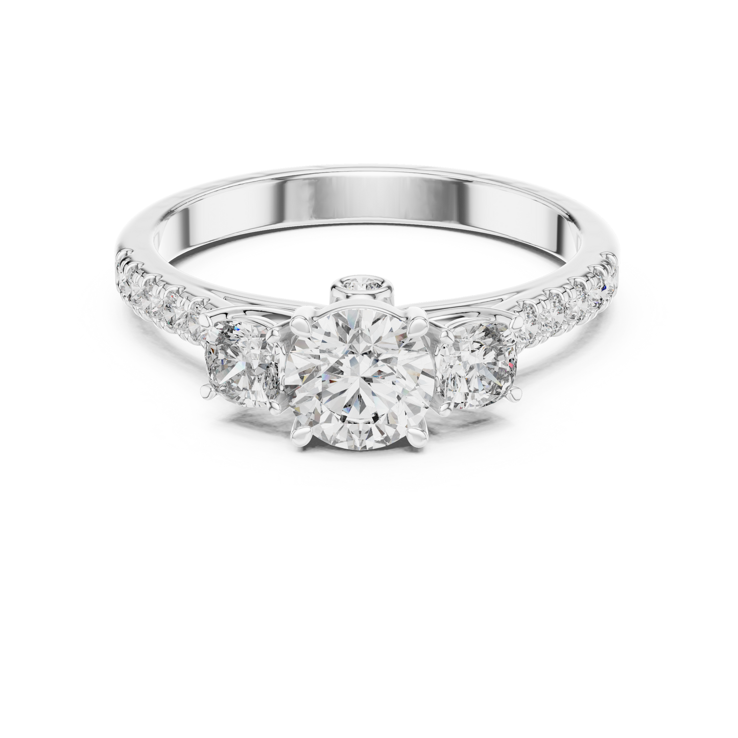 Three Stone Round Brilliant Diamond Ring with Pavé Band in 14K White Gold