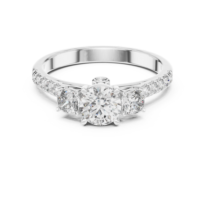 Three Stone Round Brilliant Diamond Ring with Pavé Band in 14K White Gold