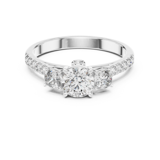 Three Stone Round Brilliant Diamond Ring with Pavé Band in 14K White Gold