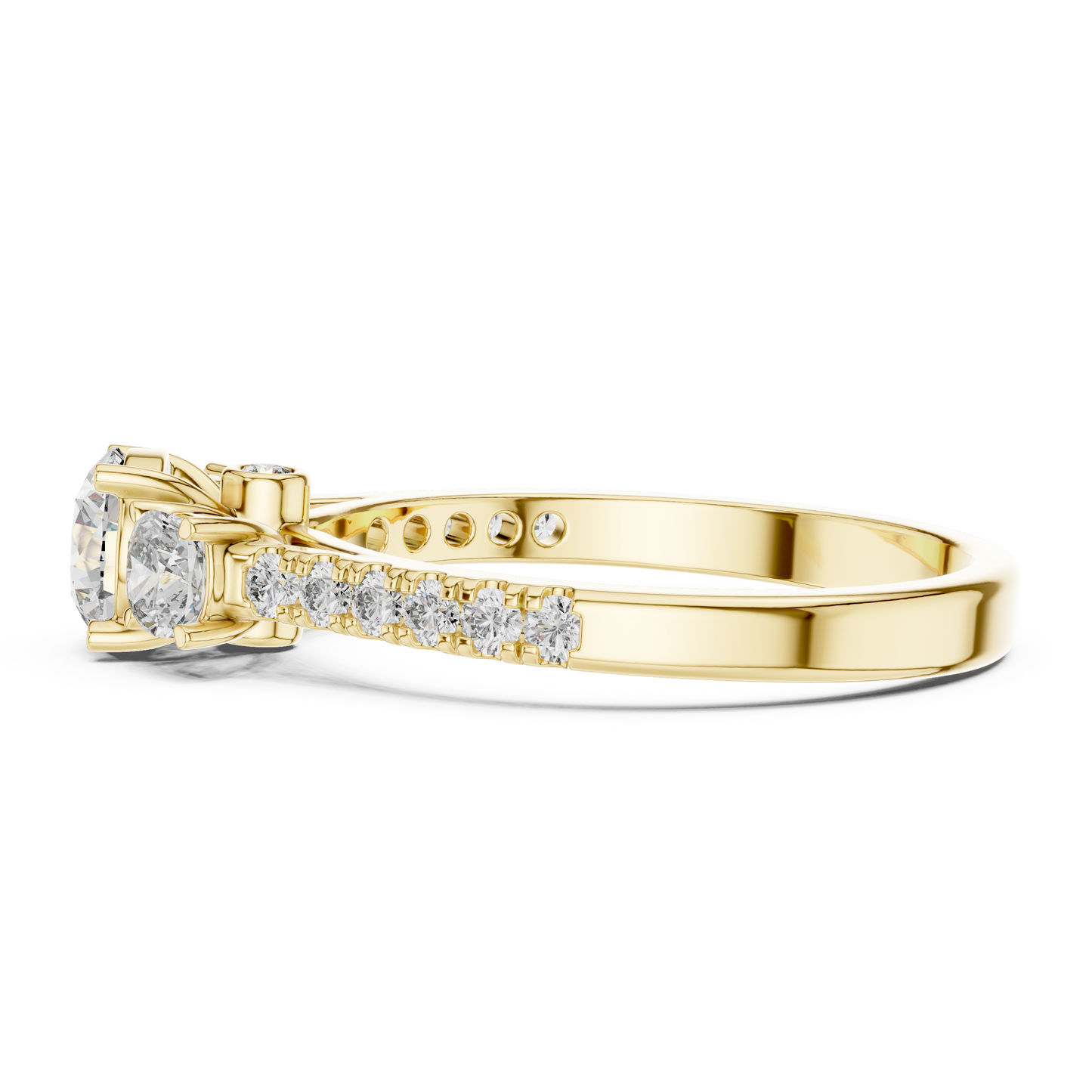 Three Stone Round Brilliant Diamond Ring with Pavé Band in 14K White Gold