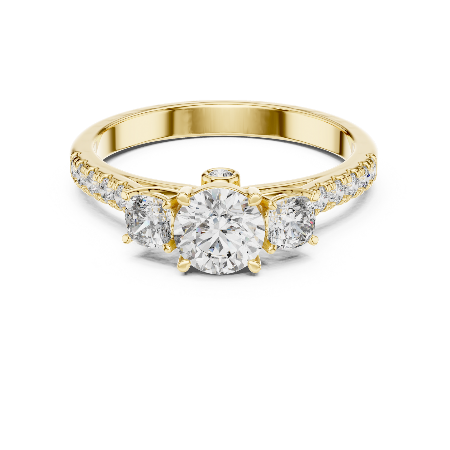 Three Stone Round Brilliant Diamond Ring with Pavé Band in 14K White Gold