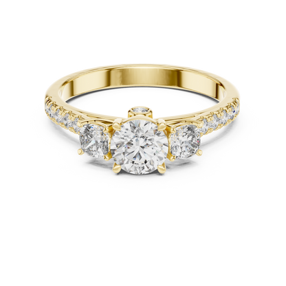 Three Stone Round Brilliant Diamond Ring with Pavé Band in 14K White Gold