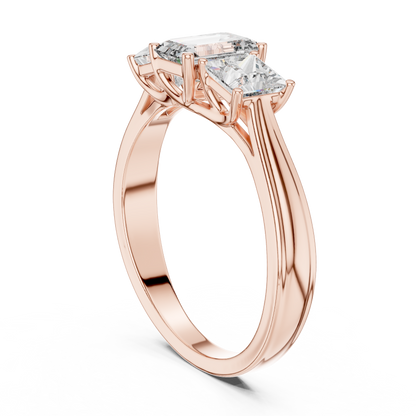 Three Stone Emerald Cut Diamond Ring with Princess Side Stones in 14K Yellow Gold