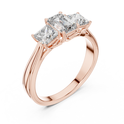 Three Stone Emerald Cut Diamond Ring with Princess Side Stones in 14K Yellow Gold
