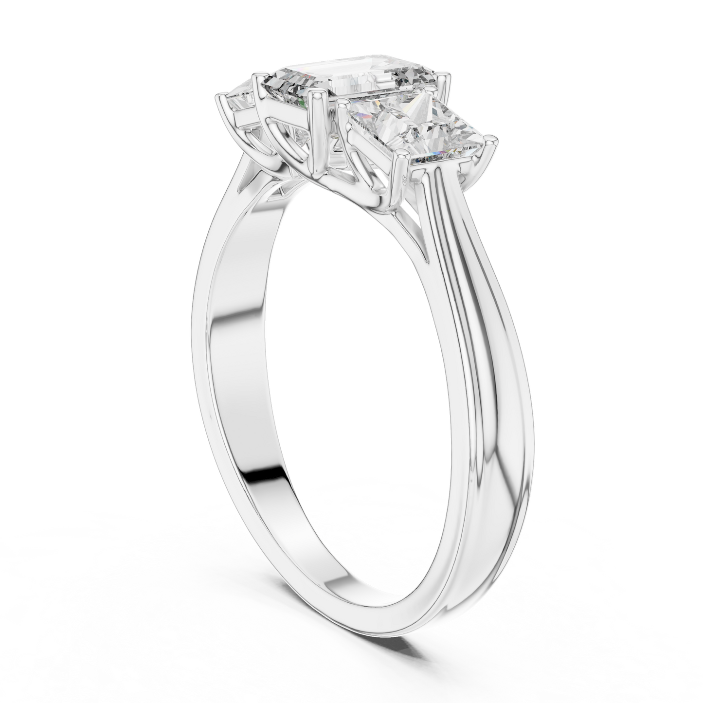 Three Stone Emerald Cut Diamond Ring with Princess Side Stones in 14K Yellow Gold