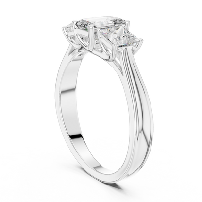 Three Stone Emerald Cut Diamond Ring with Princess Side Stones in 14K Yellow Gold