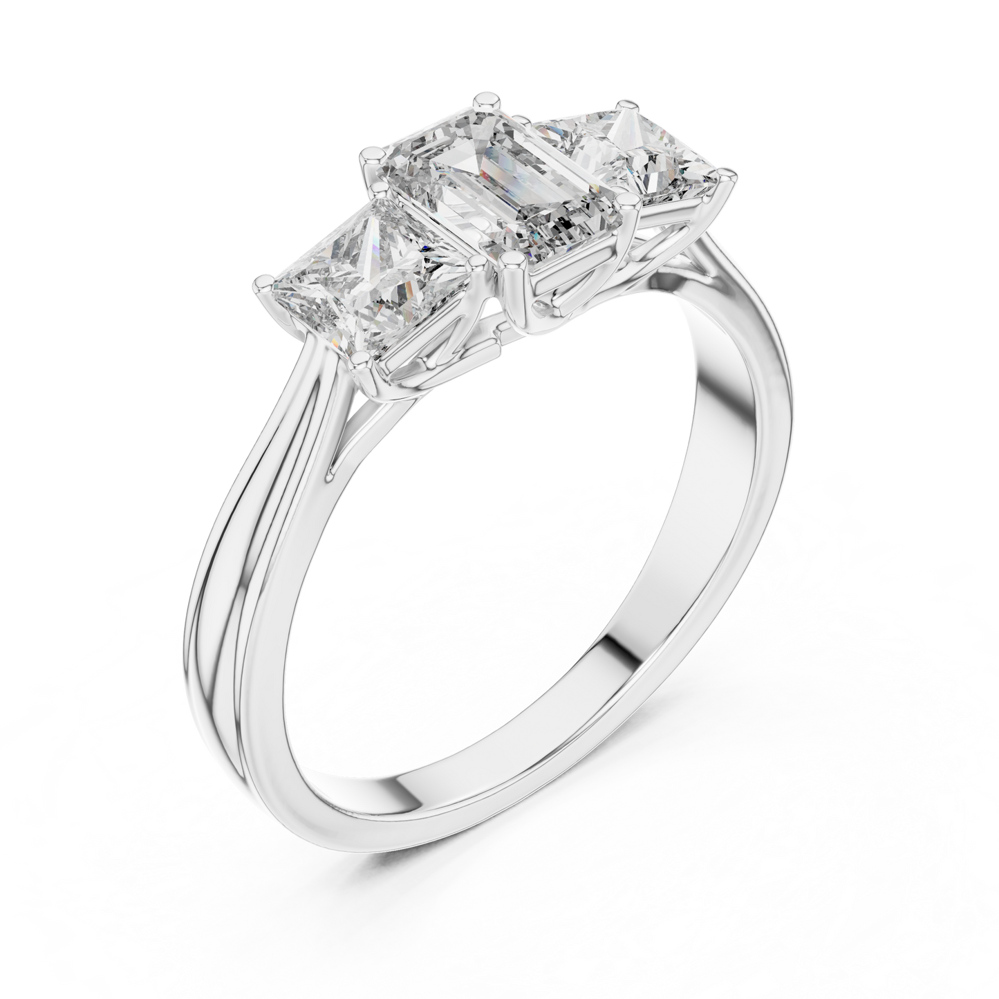 Three Stone Emerald Cut Diamond Ring with Princess Side Stones in 14K Yellow Gold