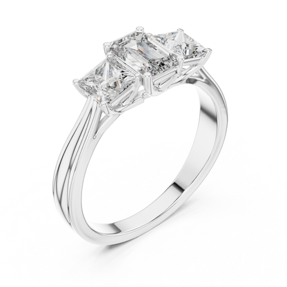 Three Stone Emerald Cut Diamond Ring with Princess Side Stones in 14K Yellow Gold