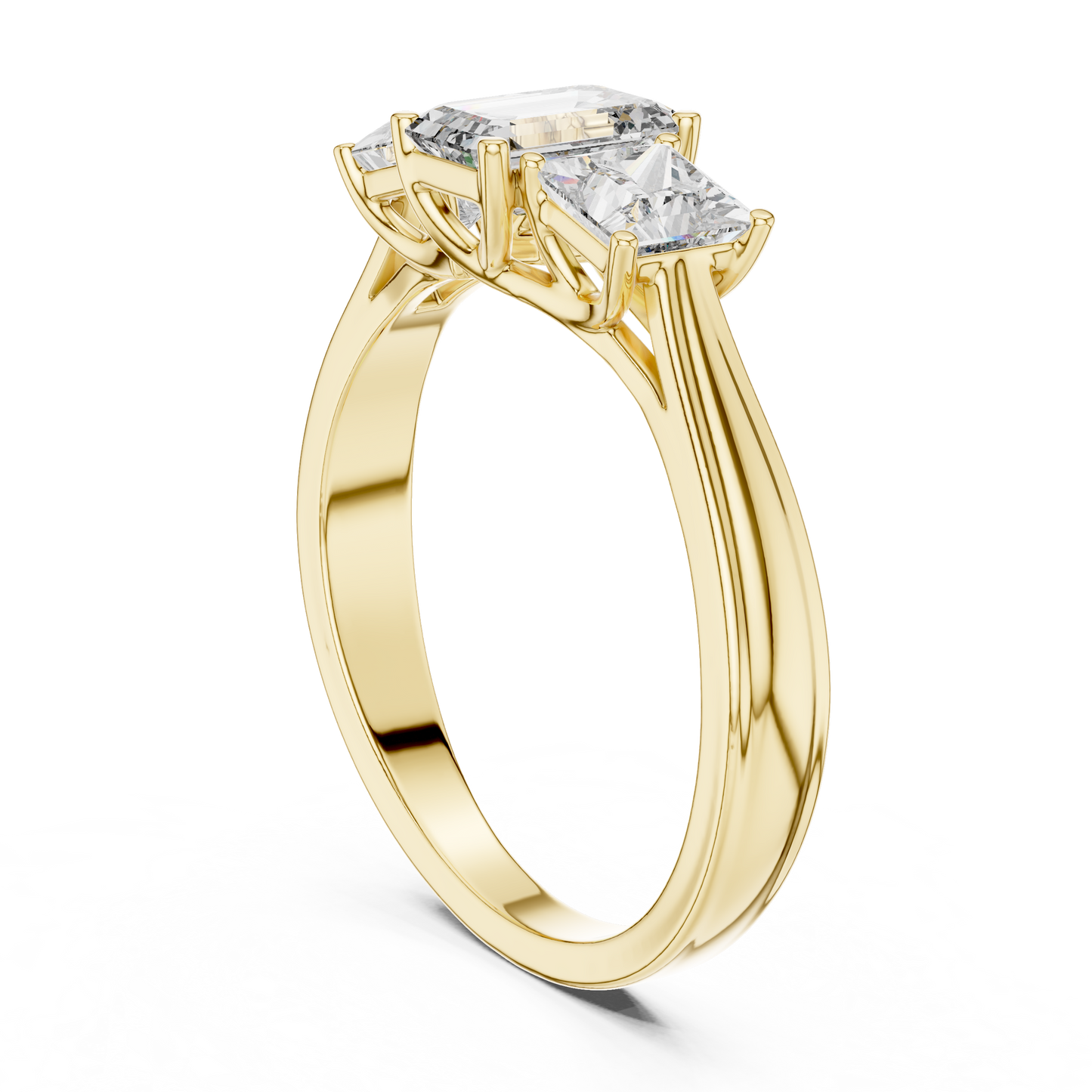 Three Stone Emerald Cut Diamond Ring with Princess Side Stones in 14K Yellow Gold