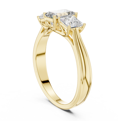 Three Stone Emerald Cut Diamond Ring with Princess Side Stones in 14K Yellow Gold