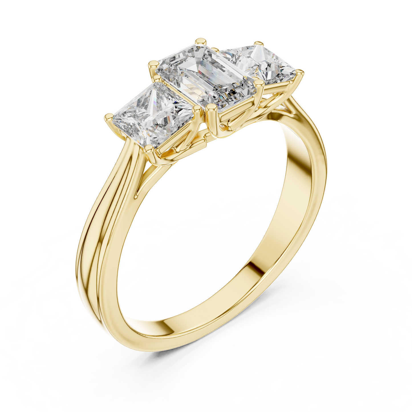 Three Stone Emerald Cut Diamond Ring with Princess Side Stones in 14K Yellow Gold