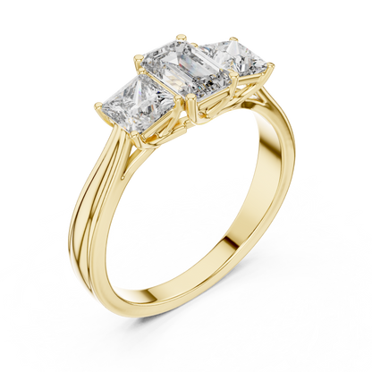 Three Stone Emerald Cut Diamond Ring with Princess Side Stones in 14K Yellow Gold